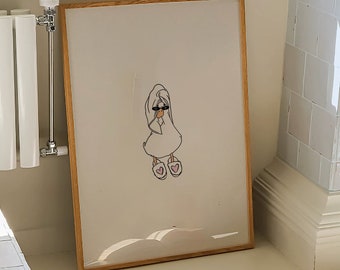 Duck in Fuzzy Heart Slippers and Shower *it girl* Digital Art Print White and Yellow *SHOWER HEAD* Bathroom Cute Trendy Printable Wall Art