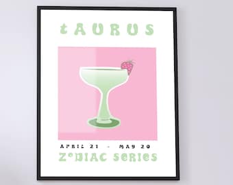 Stier Horoskop Wandbild 11x14, *STERNZEICHEN SERIE*, Bunte Sternzeichen Digital download Prints, Pink and Green Gallery Art