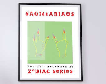 Schütze Horoskop Wandbild 11x14, *STERNZEICHEN SERIE*, Bunte Sternzeichen Digital download Prints, Grün Rot Gelb Galerie Kunst