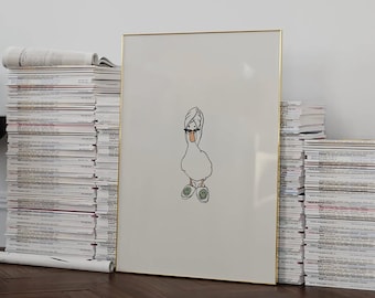 Duck in SmileyFace Slippers and Shower *it girl* Digital Art Print White and Sage Green*SHOWER HEAD* Bathroom Cute Trendy Printable Wall Art