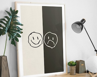 Melting Smiley Face Funky Trendy Digital Art Print Black and Cream (Beige) Printable Wall Art &#39;Split Personality Collection&quot;
