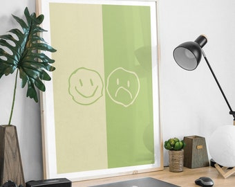 Melting Smiley Face Funky Trendy Digital Art Print Green and Yellow Printable Wall Art &#39;Split Personality Collection&quot;
