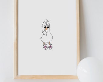 Duck in Smiley Face Slippers and Shower *it girl* Digital Art Print White and Pink *SHOWER HEAD* Bathroom Cute Trendy Printable Wall Art