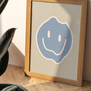 Derretendo Smiley Face Funky Trendy Digital Art Print Azul e Branco Arte de parede para impressão &quot;Coleção Tenha um Bom Dia&quot;
