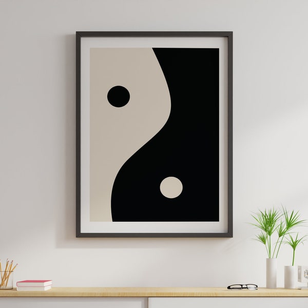 Funky Yin Yang Decorative Digital Art Print Black and Cream Printable Wall Art Trendy