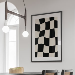 Funky (Large Squares) Checkered Wavy Black & Cream Wall Art Trendy Poster - NO WHITE BORDER