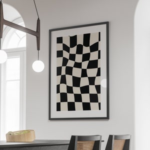 Funky (Medium Squares) Checkered Wavy Retro Digital Art Print Black and Cream (Beige), Printable Wall Art Trendy