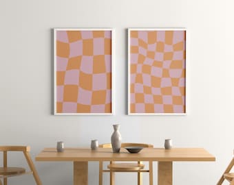 Funky Checkered Wavy Retro Digital Art Print Orange and Pink Printable Wall Art Trendy