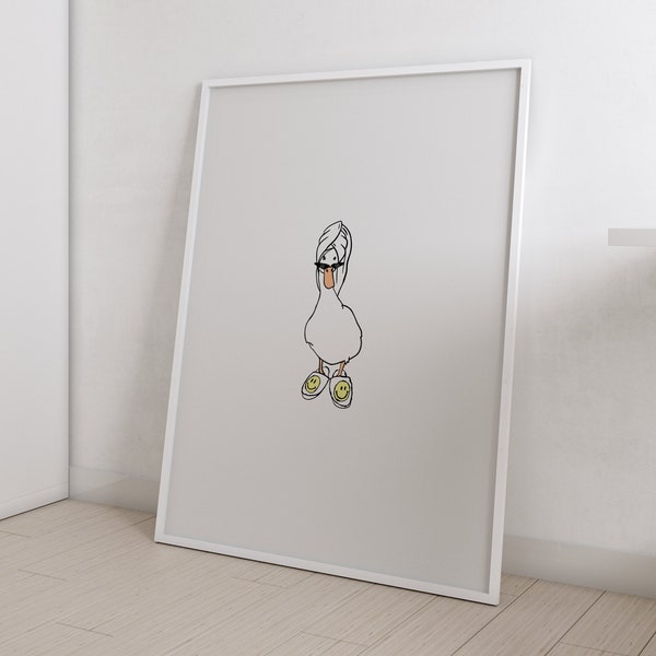 Duck in Smiley Face Slippers and Shower *it girl* Digital Art Print White and Yellow *SHOWER HEAD* Bathroom Cute Trendy Printable Wall Art