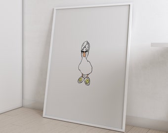 Duck in Smiley Face Slippers and Shower *it girl* Digital Art Print White and Yellow *SHOWER HEAD* Bathroom Cute Trendy Printable Wall Art