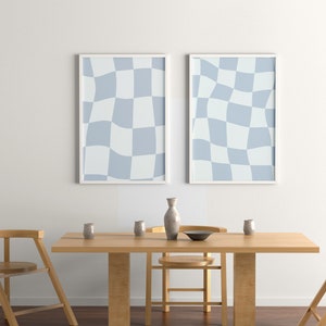 Funky Checkered Wavy Retro Digital Art Print Blue and Gray (Grey) Printable Wall Art Trendy