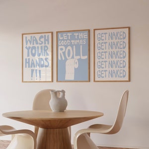 Conjunto de 3 impresiones artísticas digitales para baño manuscritas en blanco y azul bebé *BAÑO* Conjunto de arte de pared imprimible bonito y moderno para dormitorio de baño
