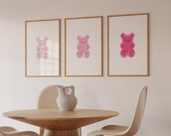 Set of 3 - Cute and Sweet Gummy Bear Digital Art Print (Ombre Pink Colors) Printable Wall Art Trendy