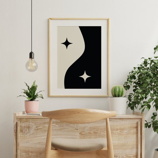 Funky Yin Yang with Stars Decorative Digital Art Print Black and Cream Printable Wall Art Trendy