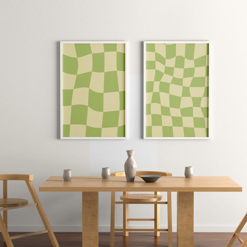 Funky Checkered Wavy Retro Digital Art Print Vert et Jaune Printable Wall Art Trendy