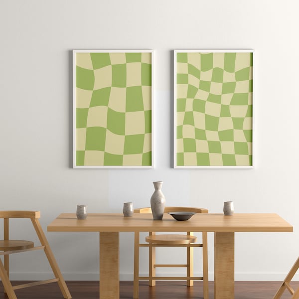 Funky Checkered Wavy Retro Digital Art Print Green and Yellow Printable Wall Art Trendy