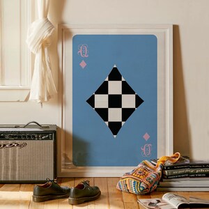 Blue and Pink Diamond Queen Card Wall Art Print, Playing Cards Checkered Wall Art, Trendy Poster, Gothic Font, Digital Download