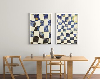 Funky Checkered Wavy Retro Digital Art Print The Starry Night Van Gogh Printable Wall Art Trendy