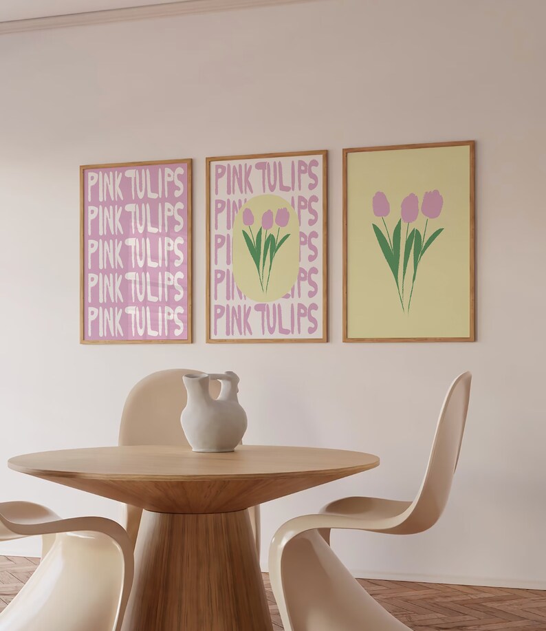 Set of 3 Pink Tulips Digital Art Print White Pink and Yellow *FLOWER ...