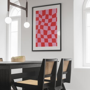 Funky (Medium Squares) Checkered Waveery Pink & Red Wall Art Trendy Poster - NO WHITE BORDER