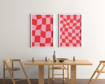 Funky Checkered Wavy Retro Digital Art Print Red and Pink Printable Wall Art Trendy