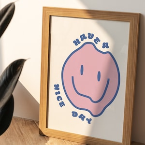 Derretendo Smiley Face Funky Trendy Digital Art Print Azul e Rosa Arte de parede para impressão &quot;Coleção Tenha um Bom Dia&quot;
