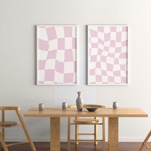 Funky (carteles de tamaño grande y mediano) a cuadros Ondulado Retro Digital Art Print Pink and White Printable Wall Art Trendy