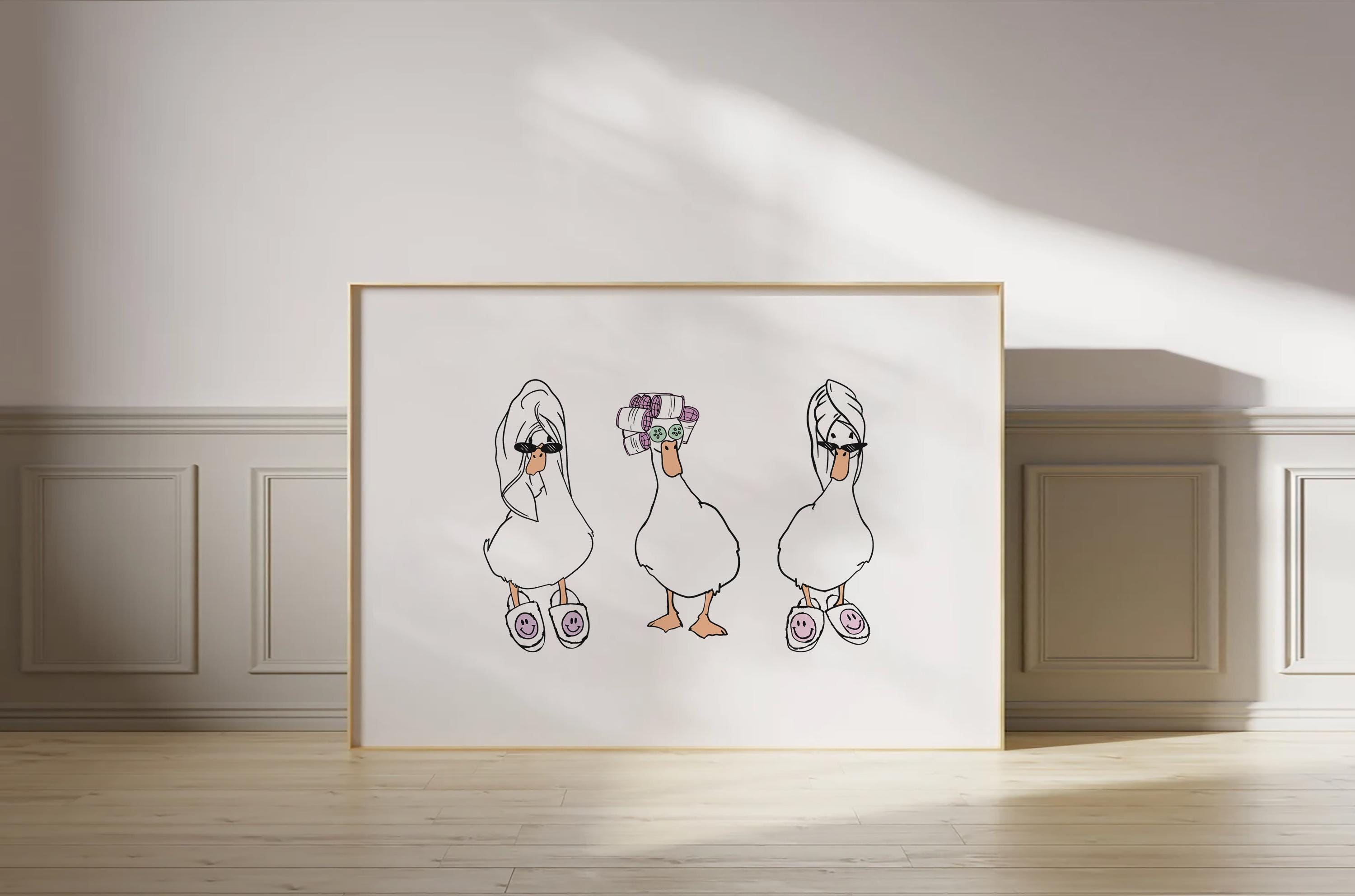 Ducks Towel Cowboy and Curlers *it girl* Digital Art Print White and Pink *SHOWER HEAD* Bathroom Cute Trendy Printable Wall Art *horizontal*