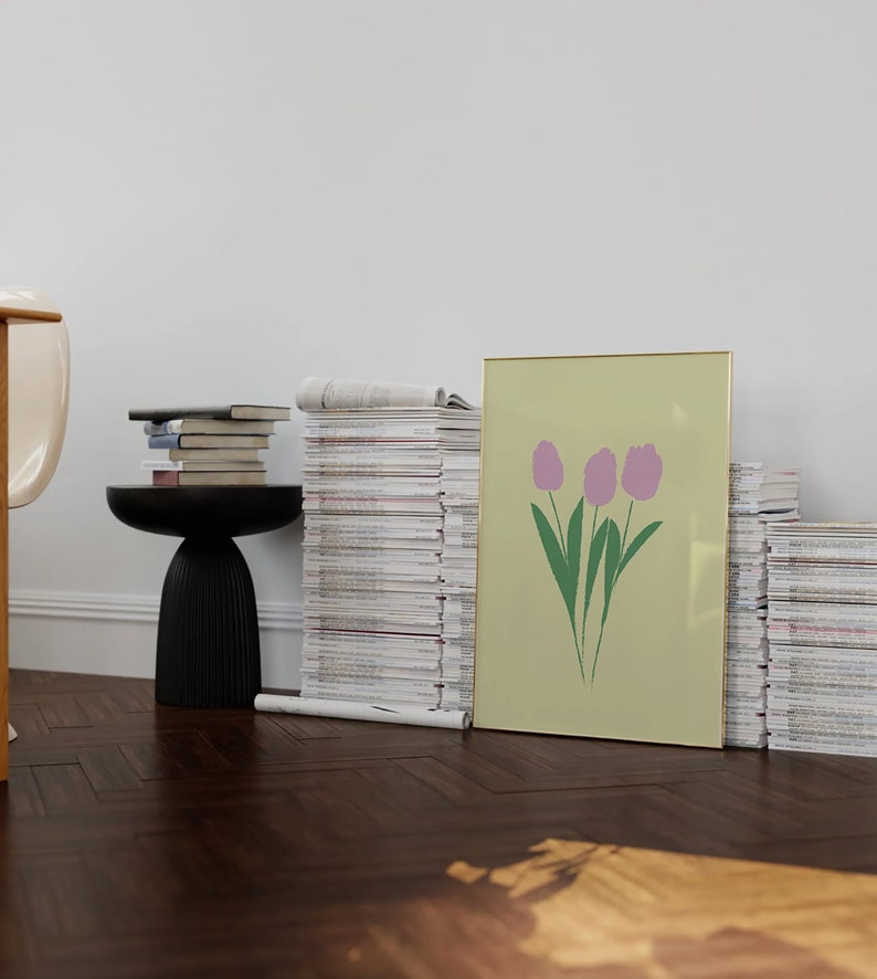 Set of 3 Pink Tulips Digital Art Print White Pink and Yellow *FLOWER ...