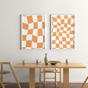 Funky Checkered Wavy Retro Digital Art Print Orange and White Printable Wall Art Trendy