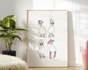 Ducks Towel Cowboy and Curlers *it girl* Digital Art Print White and Pink *SHOWER HEAD* Bathroom Cute Trendy Printable Wall Art