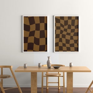 Funky Checkered Wavy Retro Digital Art Print Brown Printable Wall Art Trendy