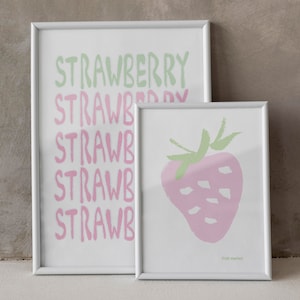 Set of 2 STRAWBERRY Digital Art Print White Pink and Sage *FRUIT HEAD* Bathroom DormRoom Cute Trendy Printable Wall Art Set