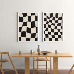 Funky (Large and Medium Size Square Posters) Checkered Wavy Retro Digital Art Print Black and Cream (Beige), Printable Wall Art Trendy