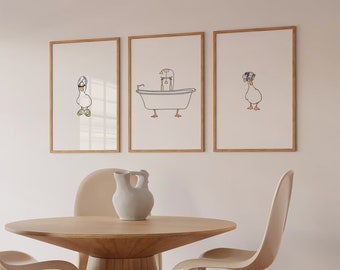 Set of 3 Duck in Bath and Shower *it girl* Digital Art Print White and Yellow *SHOWER HEAD* Bathroom Cute Trendy Printable Wall Art