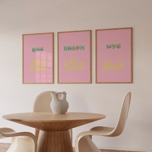 3er Set New York Travel Home Art Digital | Brooklyn Queens Manhattan | Kunstdruck Set | Gelb Pink druckbare Wand Kunst Trendy | Pointillismus