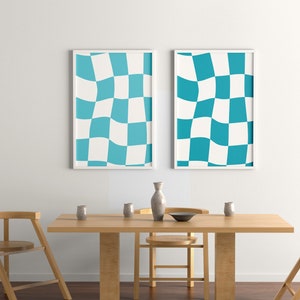 Funky Checkered Wavy Retro Digital Art Print Teal v3 for *OVARIAN CANCER* Printable Wall Art Trendy