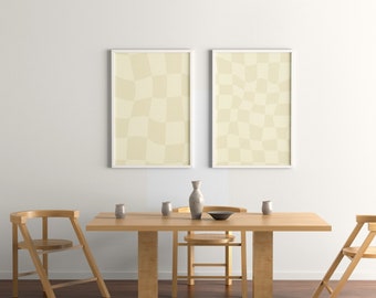 Funky Checkered Wavy Retro Digital Art Print Ivory Printable Wall Art Trendy