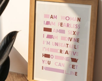 TikTok Quote Printable Wall Art "I AM WOMAN" Trending by Emmy Meli Singer "I am woman I am fearless I am sexy"