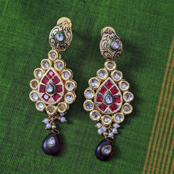 18K Gold Plated Intricately Designed Traditional Meenakari Earrings Glided With Kundans & Pearls