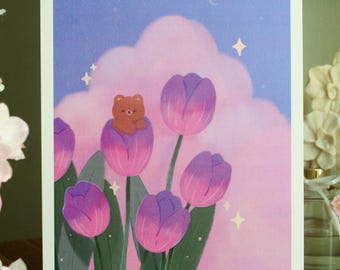 Dreamy Tulip Bear Art Print 7.5 x 10 inches
