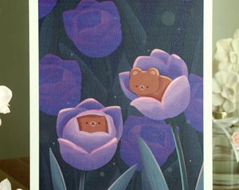 Two Bears in Tulips Art Print 7.5 x 10 inches