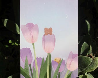 Tulip Postcard Print Bear Bee