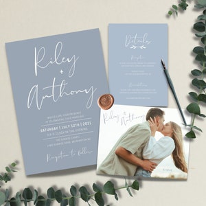 Dusty Blue Wedding Invitation Template | Editable Minimalist Wedding Invite | Boho Wedding Invite | Modern Photo Wedding Invitation - Lily