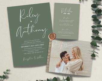 Sage Green Wedding Invitation Template | Editable Minimalist Wedding Invite | Invite, RSVP, and Details | Wedding Invitation Template - Lily