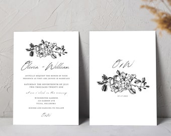 Simple Wedding Invitation Template | Modern Wedding Calligraphy | Floral Wedding Invite Template | Instant Download | Photo Wedding Invite