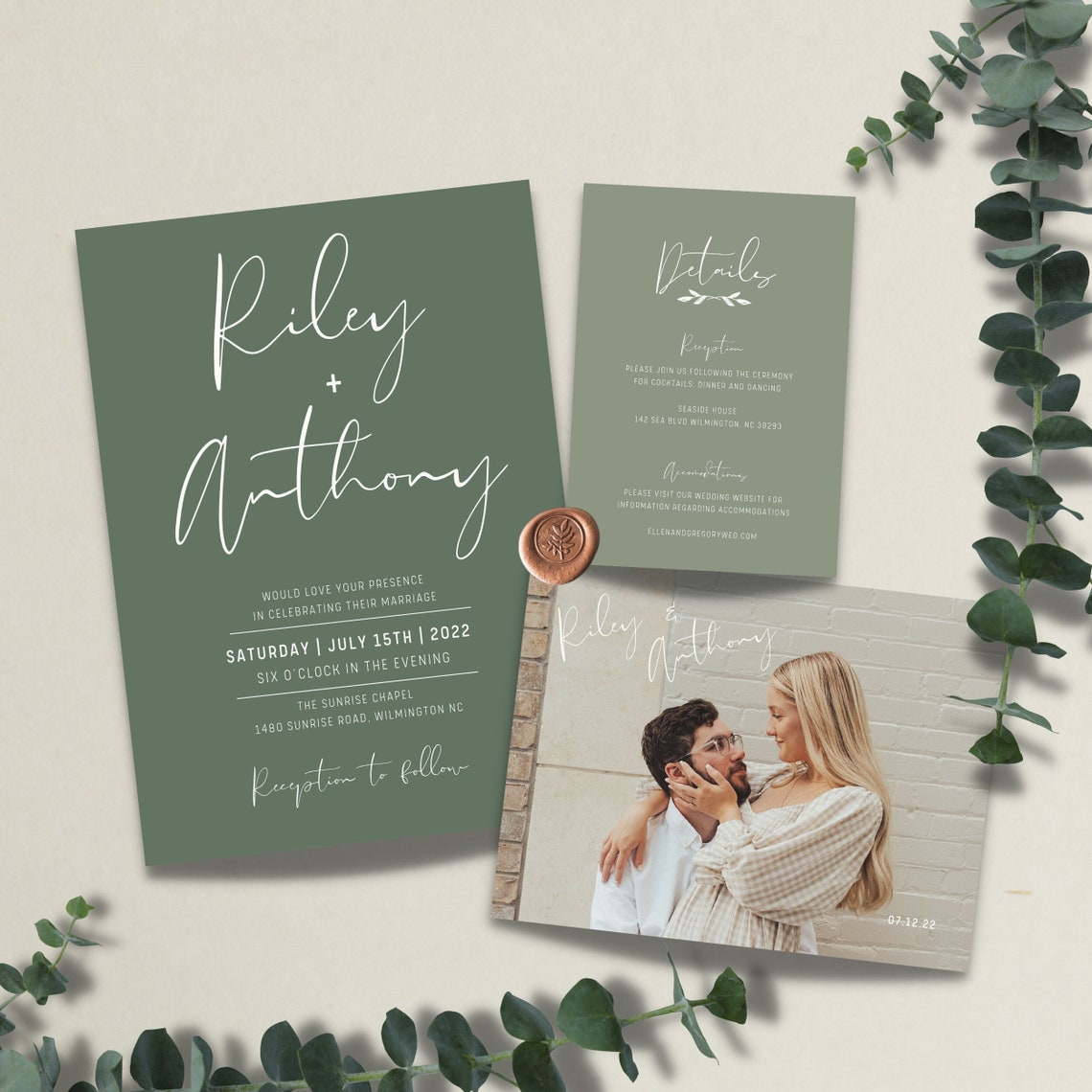 Lily Sage Green Minimalist Wedding Invitation Template Set image 1