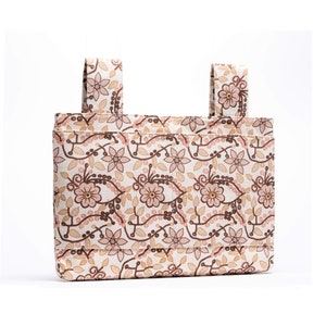 Walker Bag Elegant Khaki Floral Print with Spacious Main Compartment and Pockets Sturdy Straps Universal Fit Walker Rollator Carryall Tote