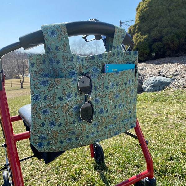 Walker Caddy, Green Floral Walker Tote Bag, Wheelchair or Rollator Bag, Mobility Aid Accessory Pouch Walker Bag