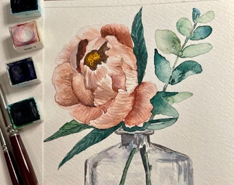 Jolie aquarelle de pivoine rose | Art fait main original | Décoration murale | Cadeau de pendaison de crémaillère | Peinture florale #WatercolorArt #WallArt #GiftIdeas